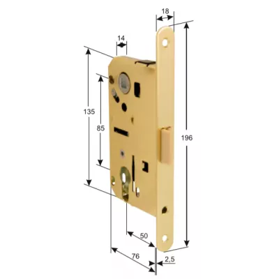 Замок врезной MECCANICO F120.13.02 Cyl цилиндрический с ответной планкой и шурупами, ПОЛИРОВАННАЯ ЛАТУНЬ